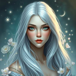 A beautiful and charming young woman with long, flowing silver hair that glistens like starlight