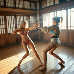 An intense scene set in a traditional dojo, where a blonde woman in a sexy bikini is unexpectedly attacked by another woman, also dressed in a stylish bikini