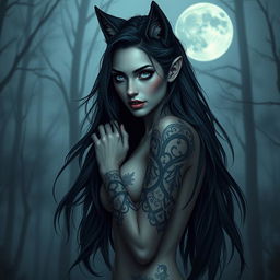 A female human-wolf hybrid with a dark and Nordic aesthetic, embodying elements of horror while exuding beauty