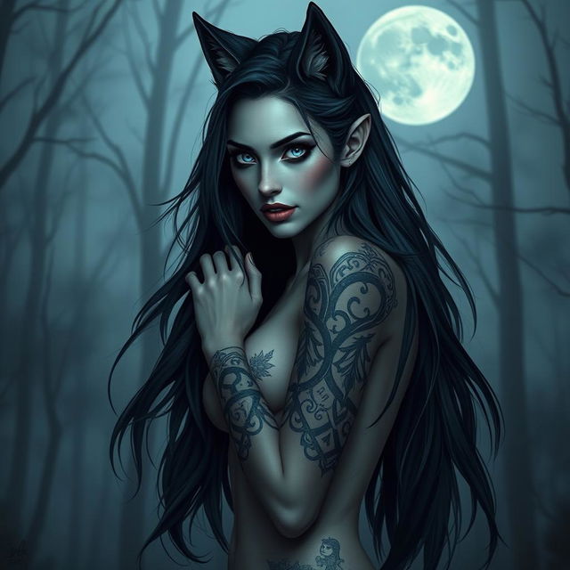 A female human-wolf hybrid with a dark and Nordic aesthetic, embodying elements of horror while exuding beauty