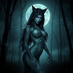 A female human-wolf hybrid with a dark and Nordic aesthetic, embodying elements of horror while exuding beauty