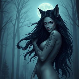A female human-wolf hybrid with a dark and Nordic aesthetic, embodying elements of horror while exuding beauty