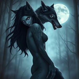 A female human-wolf hybrid with a dark and Nordic aesthetic, embodying elements of horror while exuding beauty