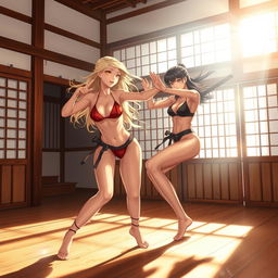 An exciting and dynamic scene set in a traditional dojo, featuring a blonde woman in a sexy bikini being playfully attacked by another woman, also clad in a stylish bikini