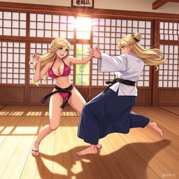 An exciting and dynamic scene set in a traditional dojo, featuring a blonde woman in a sexy bikini being playfully attacked by another woman, also clad in a stylish bikini