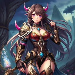 A captivating anime character clad in intricate, skimpy armor that accentuates her figure, featuring ornate designs and vibrant colors