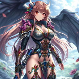 A captivating anime character clad in intricate, skimpy armor that accentuates her figure, featuring ornate designs and vibrant colors