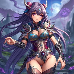 A captivating anime character clad in intricate, skimpy armor that accentuates her figure, featuring ornate designs and vibrant colors