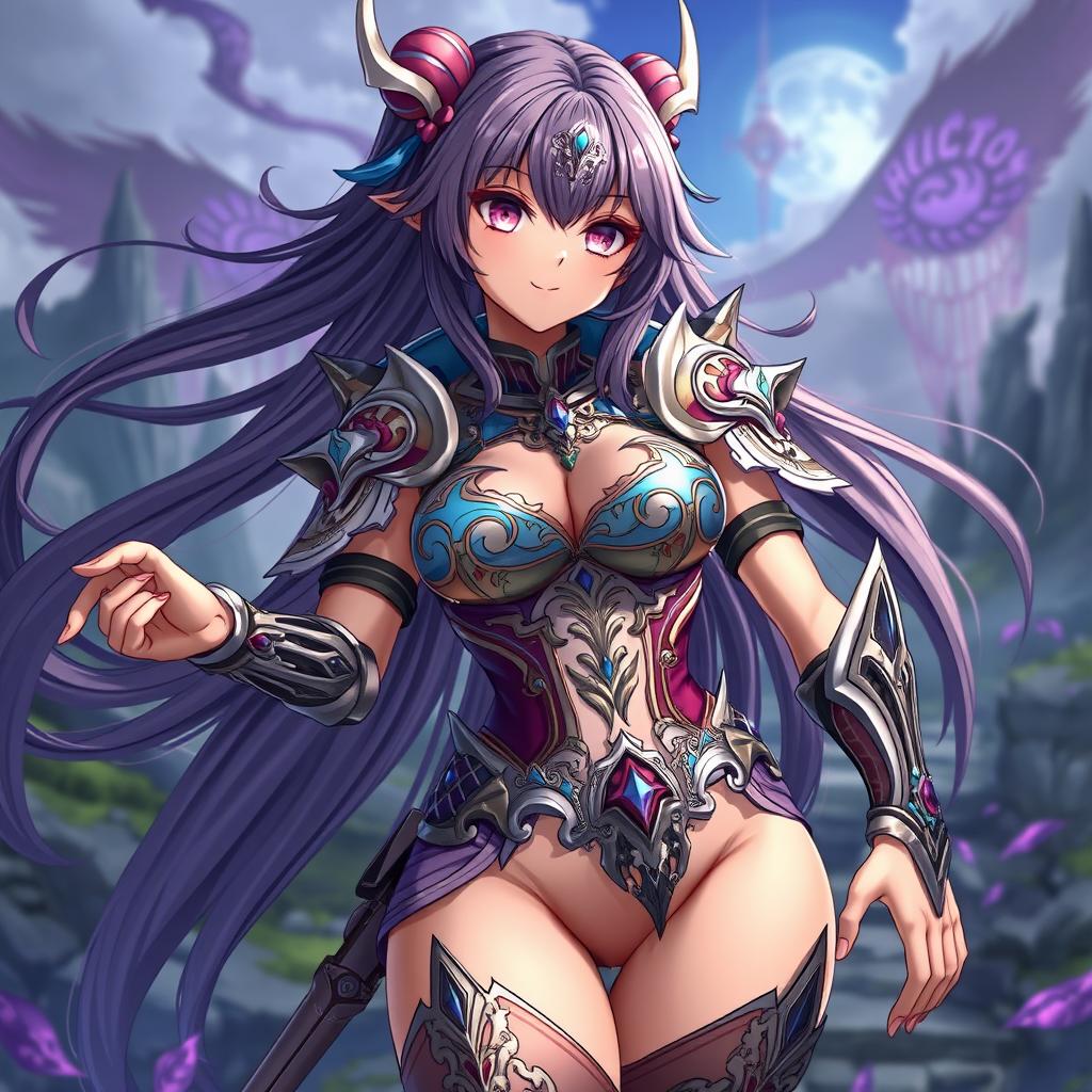 A captivating anime character clad in intricate, skimpy armor that accentuates her figure, featuring ornate designs and vibrant colors