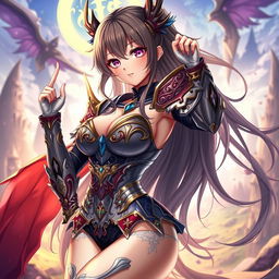 A captivating anime character clad in intricate, skimpy armor that accentuates her figure, featuring ornate designs and vibrant colors