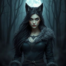 A beautiful female human-wolf hybrid with dark, Nordic features, exuding an eerie yet enchanting aura