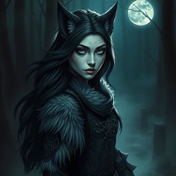 A beautiful female human-wolf hybrid with dark, Nordic features, exuding an eerie yet enchanting aura