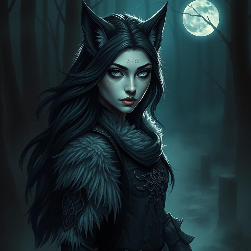 A beautiful female human-wolf hybrid with dark, Nordic features, exuding an eerie yet enchanting aura