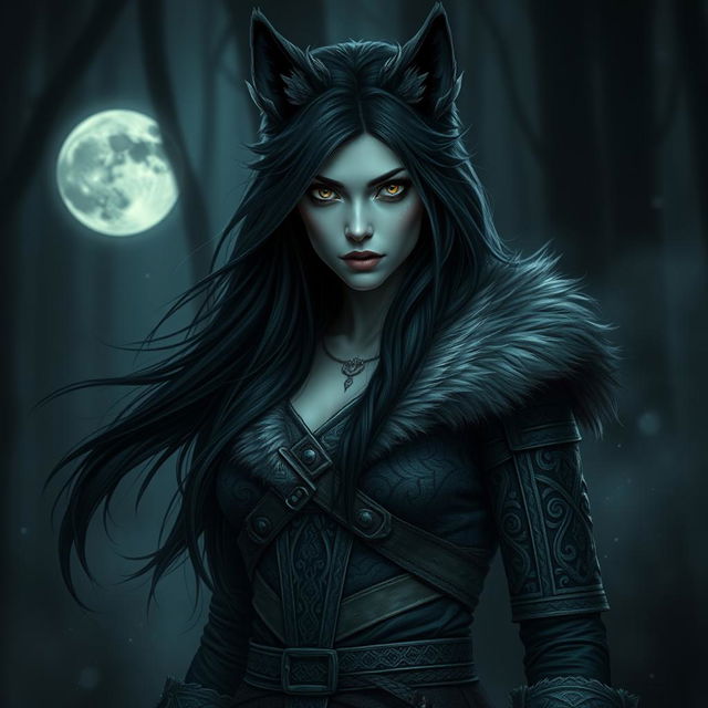A beautiful female human-wolf hybrid with dark, Nordic features, exuding an eerie yet enchanting aura