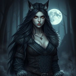 A beautiful female human-wolf hybrid with dark, Nordic features, exuding an eerie yet enchanting aura