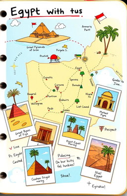 A colorful and vibrant cartoon-style diary layout showcasing six teenage travelers exploring the wonders of Egypt