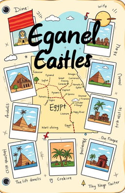 A colorful and vibrant cartoon-style diary layout showcasing six teenage travelers exploring the wonders of Egypt