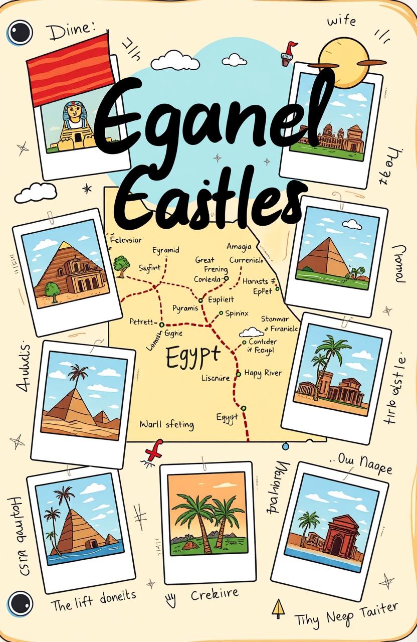 A colorful and vibrant cartoon-style diary layout showcasing six teenage travelers exploring the wonders of Egypt