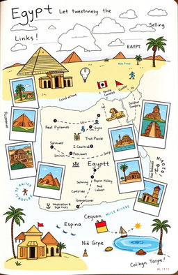 A colorful and vibrant cartoon-style diary layout showcasing six teenage travelers exploring the wonders of Egypt