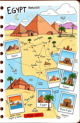 A colorful and vibrant cartoon-style diary layout showcasing six teenage travelers exploring the wonders of Egypt