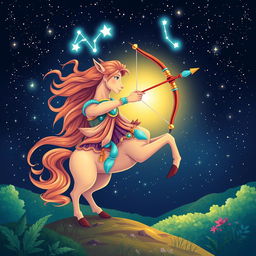 A beautiful and vibrant illustration of the astrological sign Sagittarius, depicted as a centaur archer aiming a bow and arrow