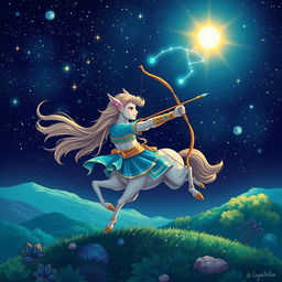 A beautiful and vibrant illustration of the astrological sign Sagittarius, depicted as a centaur archer aiming a bow and arrow