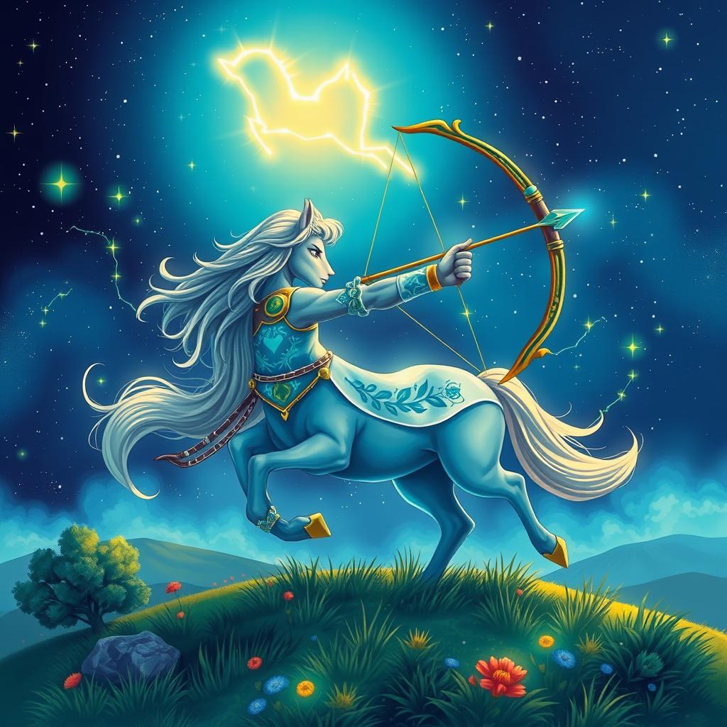 A beautiful and vibrant illustration of the astrological sign Sagittarius, depicted as a centaur archer aiming a bow and arrow