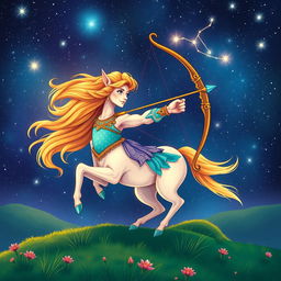 A beautiful and vibrant illustration of the astrological sign Sagittarius, depicted as a centaur archer aiming a bow and arrow