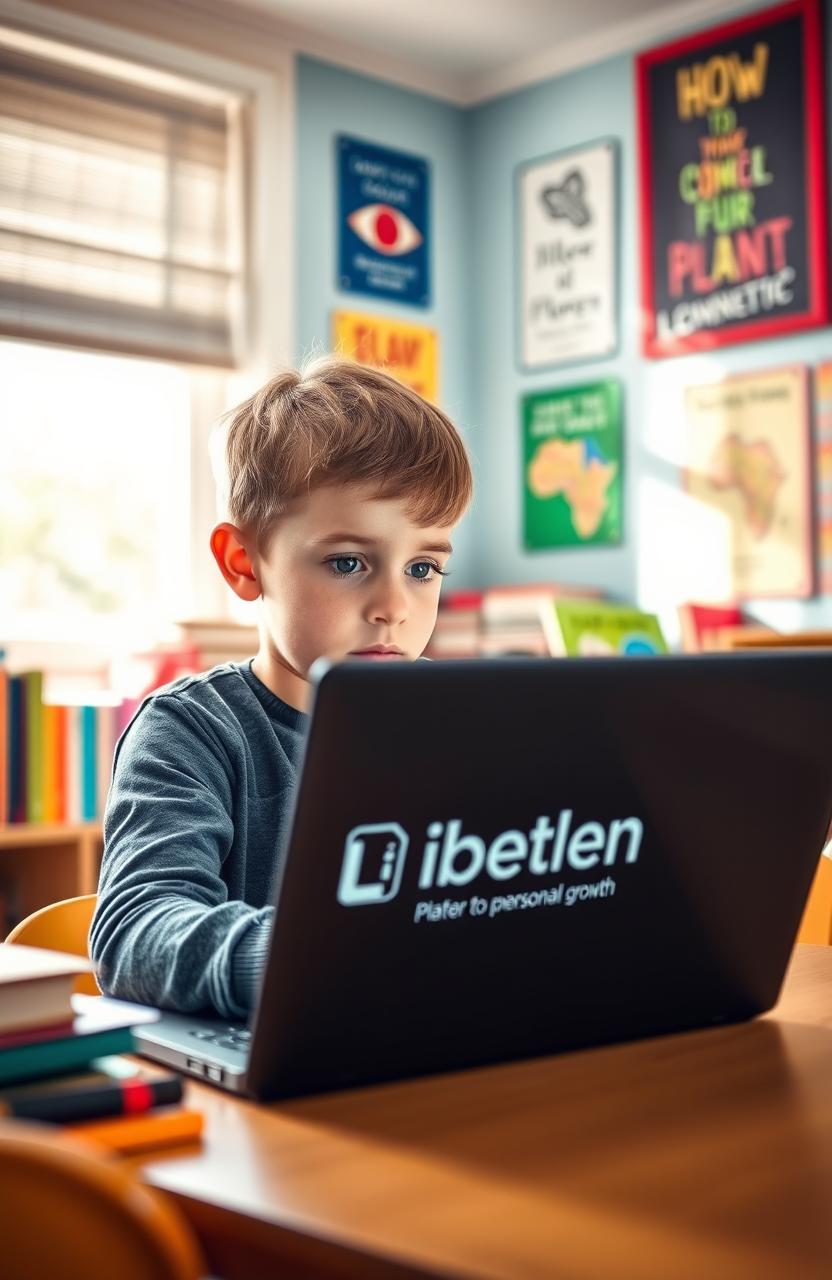 A young boy, curious and determined, sitting at a desk with a laptop open, exploring the Libkeden platform for personal growth