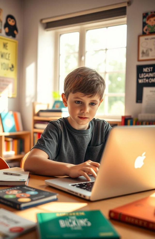 A young boy, curious and determined, sitting at a desk with a laptop open, exploring the Libkeden platform for personal growth