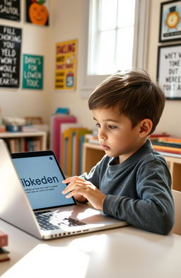 A young boy, curious and determined, sitting at a desk with a laptop open, exploring the Libkeden platform for personal growth