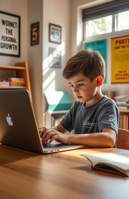 A young boy, curious and determined, sitting at a desk with a laptop open, exploring the Libkeden platform for personal growth