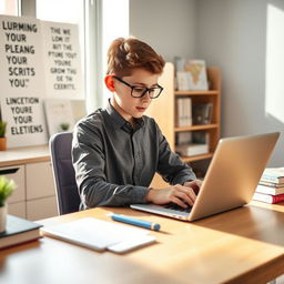 A young boy, enthusiastic and aspiring, sitting at a modern desk with a laptop open, exploring his LinkedIn profile for personal and professional growth
