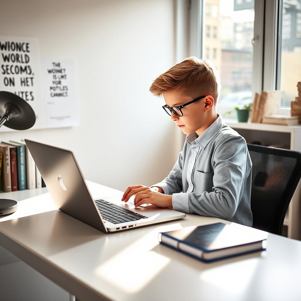 A young boy, enthusiastic and aspiring, sitting at a modern desk with a laptop open, exploring his LinkedIn profile for personal and professional growth