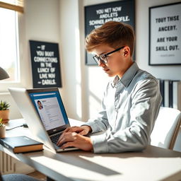 A young boy, enthusiastic and aspiring, sitting at a modern desk with a laptop open, exploring his LinkedIn profile for personal and professional growth