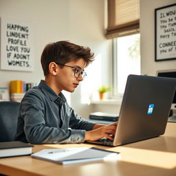 A young boy, enthusiastic and aspiring, sitting at a modern desk with a laptop open, exploring his LinkedIn profile for personal and professional growth