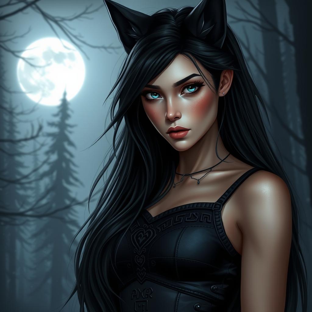 A dark, beautiful female human-wolf hybrid, embodying Nordic horror elements