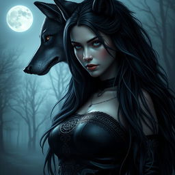 A dark, beautiful female human-wolf hybrid, embodying Nordic horror elements