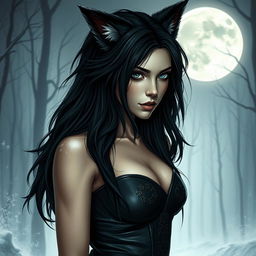A dark, beautiful female human-wolf hybrid, embodying Nordic horror elements