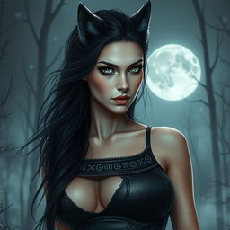 A dark, beautiful female human-wolf hybrid, embodying Nordic horror elements
