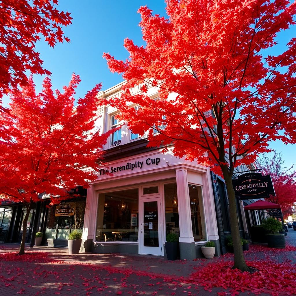 A picturesque scene of a coffee shop named 'The Serendipity Cup' located in Vancouver's Gastown