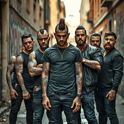 A group of five male thugs in a gritty urban environment in Rome, Italy