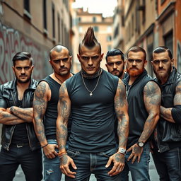 A group of five male thugs in a gritty urban environment in Rome, Italy