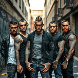 A group of five male thugs in a gritty urban environment in Rome, Italy