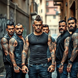 A group of five male thugs in a gritty urban environment in Rome, Italy
