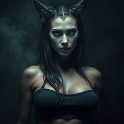 A dark, beautiful female human-wolf hybrid with striking features, conveying an eerie yet alluring presence