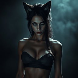 A dark, beautiful female human-wolf hybrid with striking features, conveying an eerie yet alluring presence