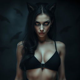 A dark, beautiful female human-wolf hybrid with striking features, conveying an eerie yet alluring presence