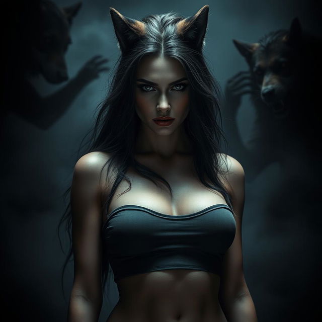 A dark, beautiful female human-wolf hybrid with striking features, conveying an eerie yet alluring presence