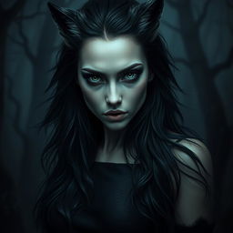 A dark and eerie portrayal of a beautiful female wolf-human hybrid, inspired by Nordic folklore